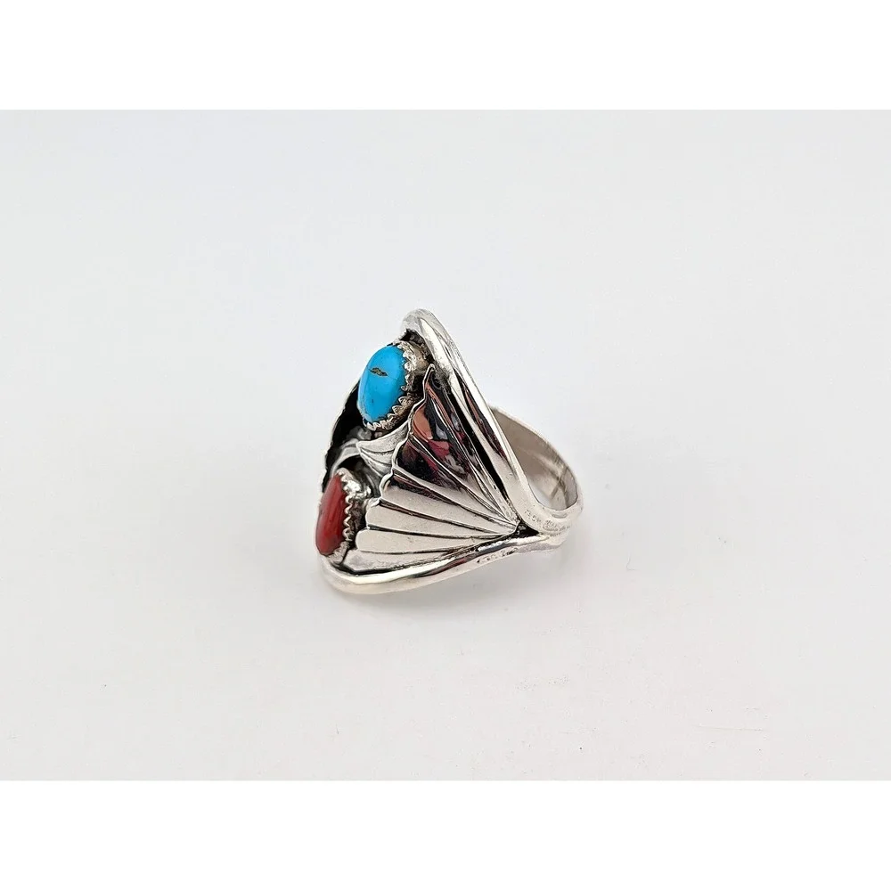 Navajo Men's Ring Sterling Turquoise Coral by J. Begay 13.5 Southwest Artisan*** - Picture 8 of 9